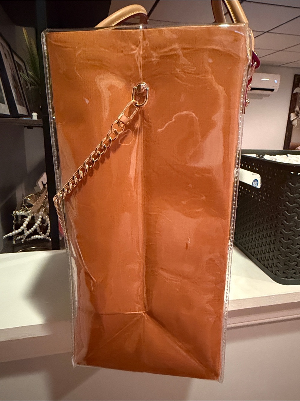 Louis Vuitton Orange Clear Tote with Gold Chain and Pink Scarf Accent - Picture 5 of 13